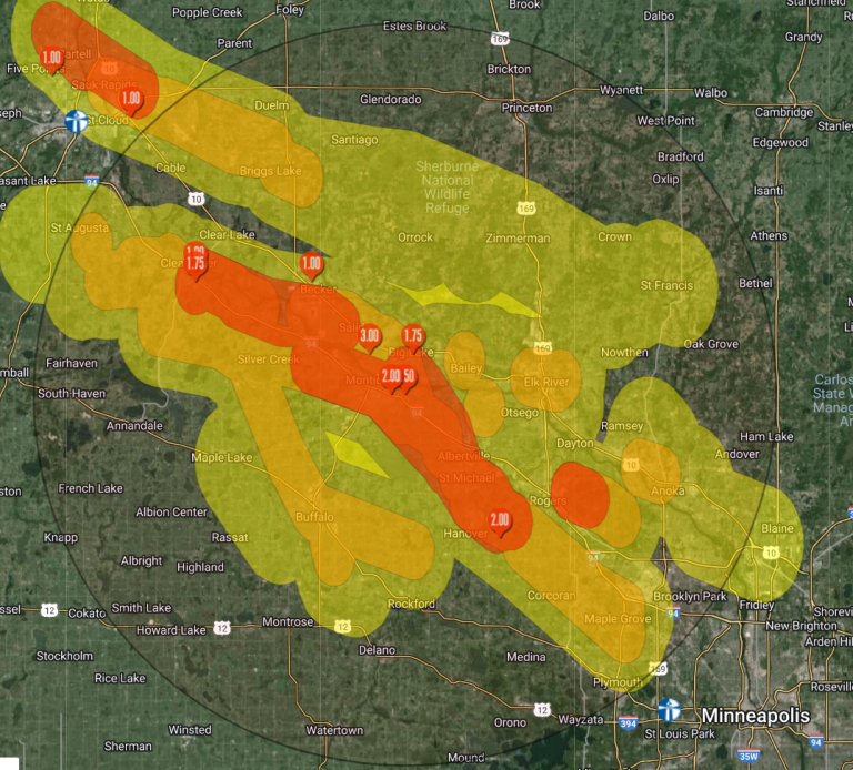 NW Twin Cities Metro and Central MN Hail Map - July 19, 2024