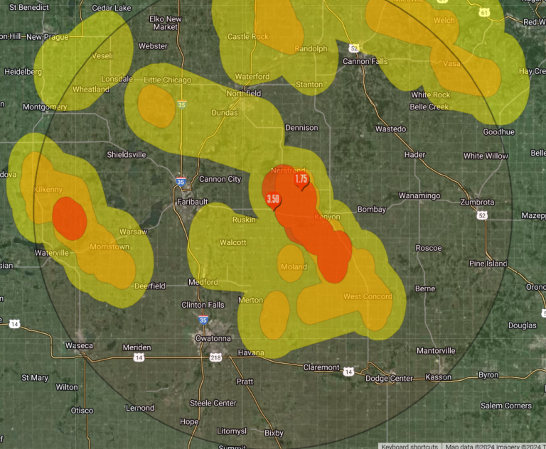 Hail Map Of Southern MN From Storm On July 13, 2024